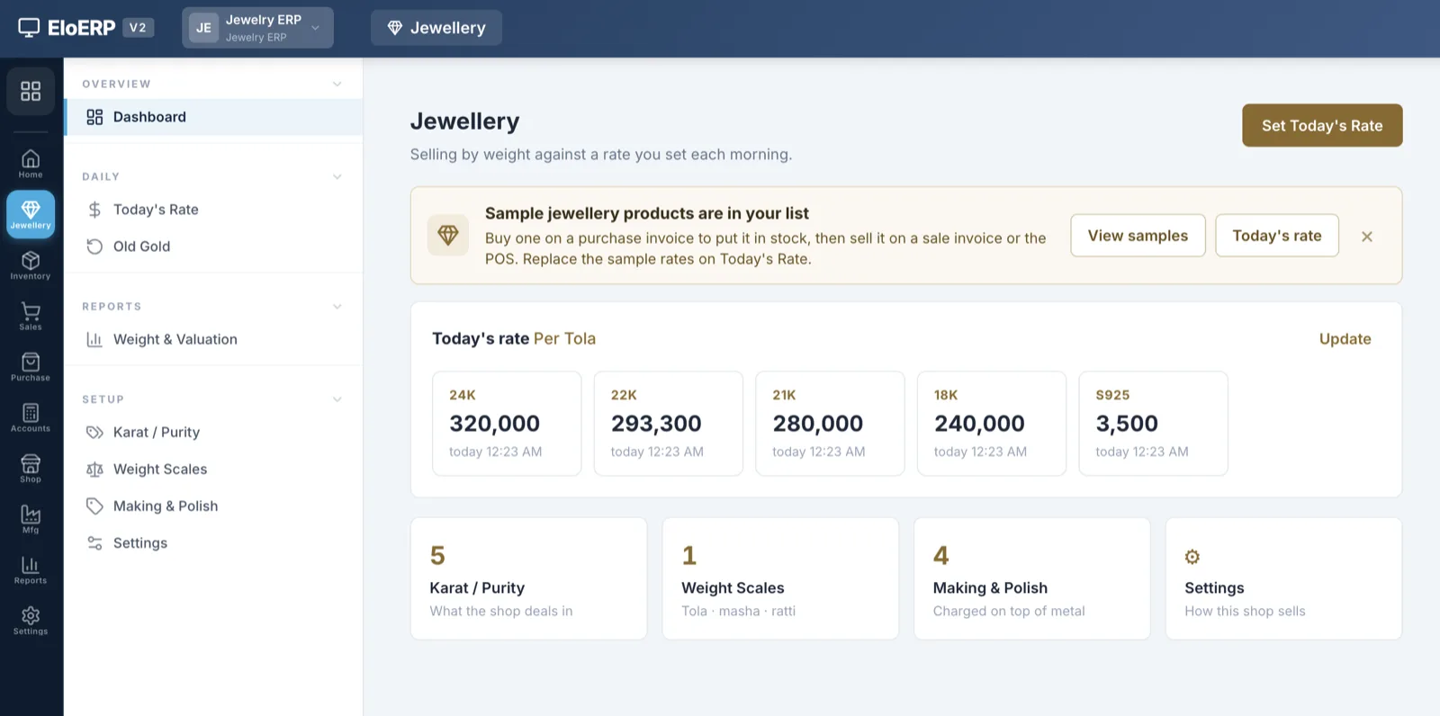 EloERP jewellery dashboard showing today’s per-tola gold rate for 24K, 22K, 21K, 18K and S925