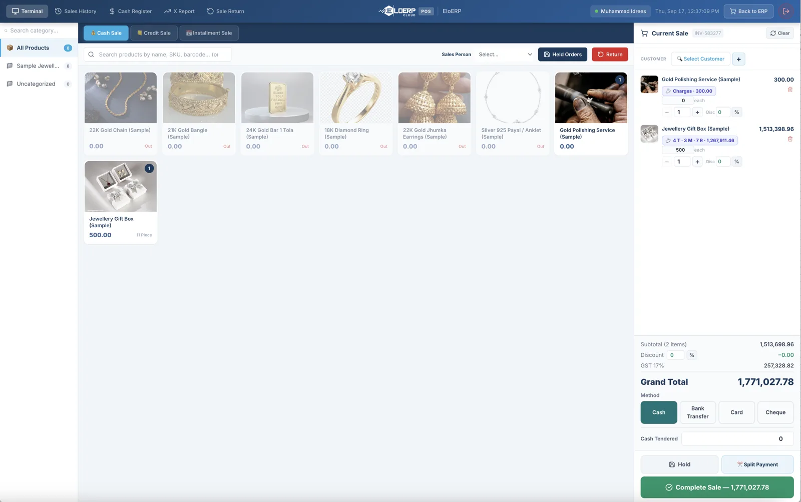 EloERP POS terminal with cash sale, credit sale and installment sale tabs, sample jewellery products, a weighed item in the current sale, and payment by cash, bank transfer, card or cheque with hold and split payment