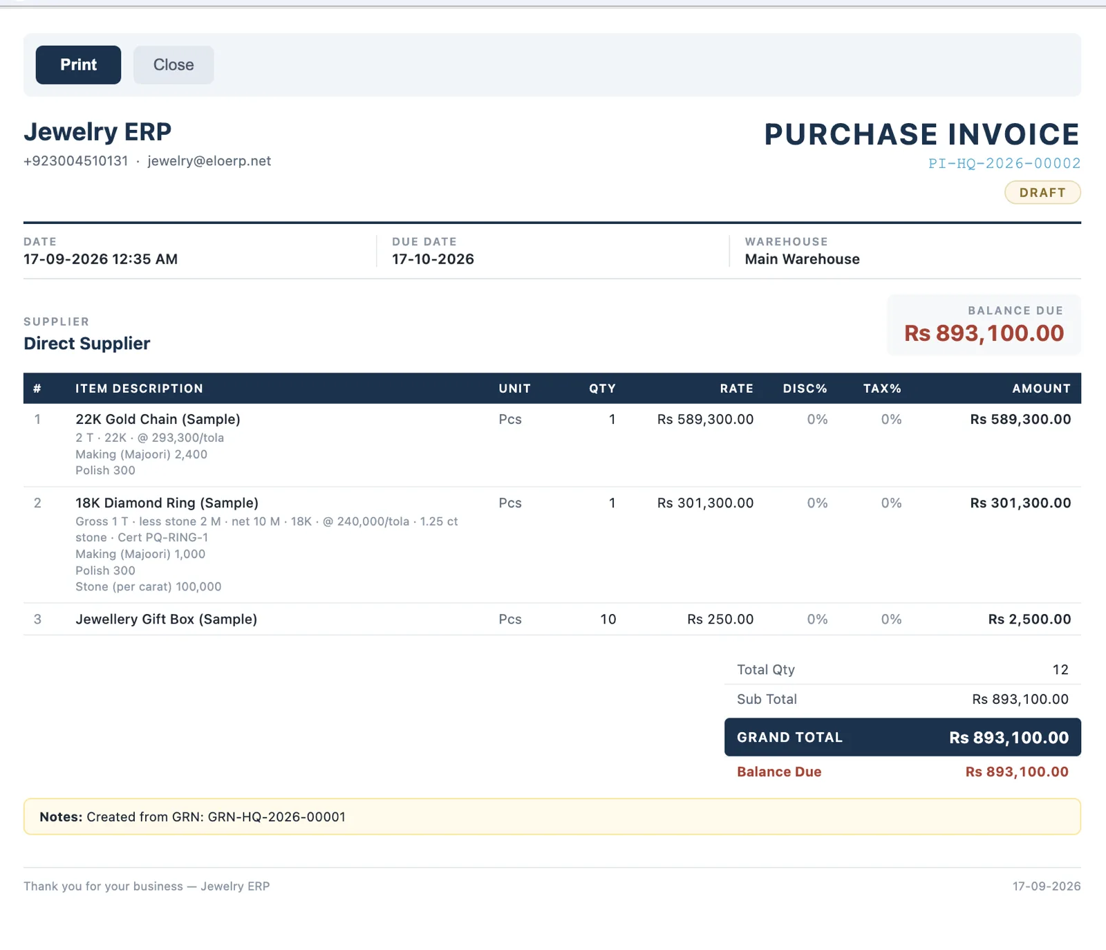 EloERP purchase invoice PI-HQ-2026-00002 into Main Warehouse, noted as created from GRN-HQ-2026-00001. A 22K gold chain is priced at 2 tola at a rate per tola with making (majoori) and polish; an 18K diamond ring shows gross weight, less stone, net weight, 18K, rate per tola, 1.25 ct stone, a certificate number, making, polish and stone per carat.